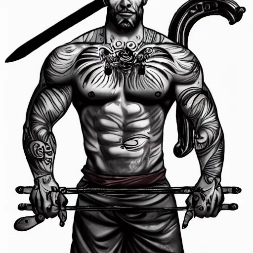 Image similar to muscular bald man, tattooed body, sword in hands, HD, anime style,