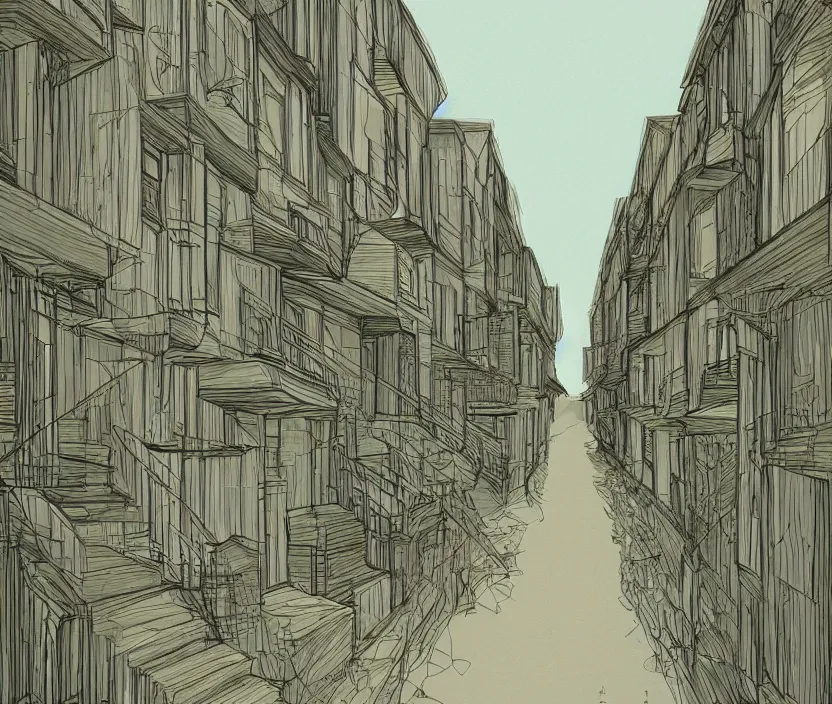 Image similar to A long hallway strip of tall houses on the left and right side of a neighborhood in the fall months, rotoscoped, rotoscope, photoshop, photomanipulation, realism, painting, illustration and sketch, weird scribbles, hybrid styles, hybrid art styles, mismatched, trending on artstation, trending on deviantart, weird, quirky, interesting, very detailed, highly detailed, HD Quality, 4k resolution, 8k resolution, colored with orange brown yellow and red, in the style of David Firth, in the style of James Lee, in the style of Drue Langlois,