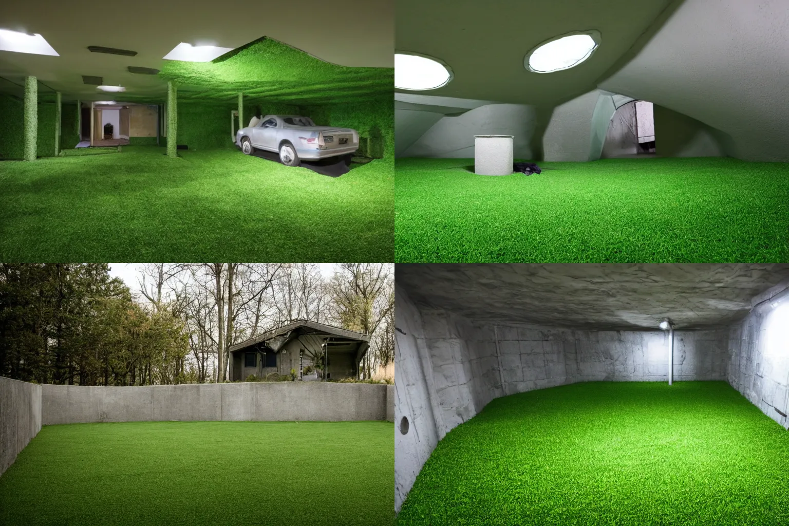 Prompt: photo of a house inside an underground bunker, fake grass, fake sky