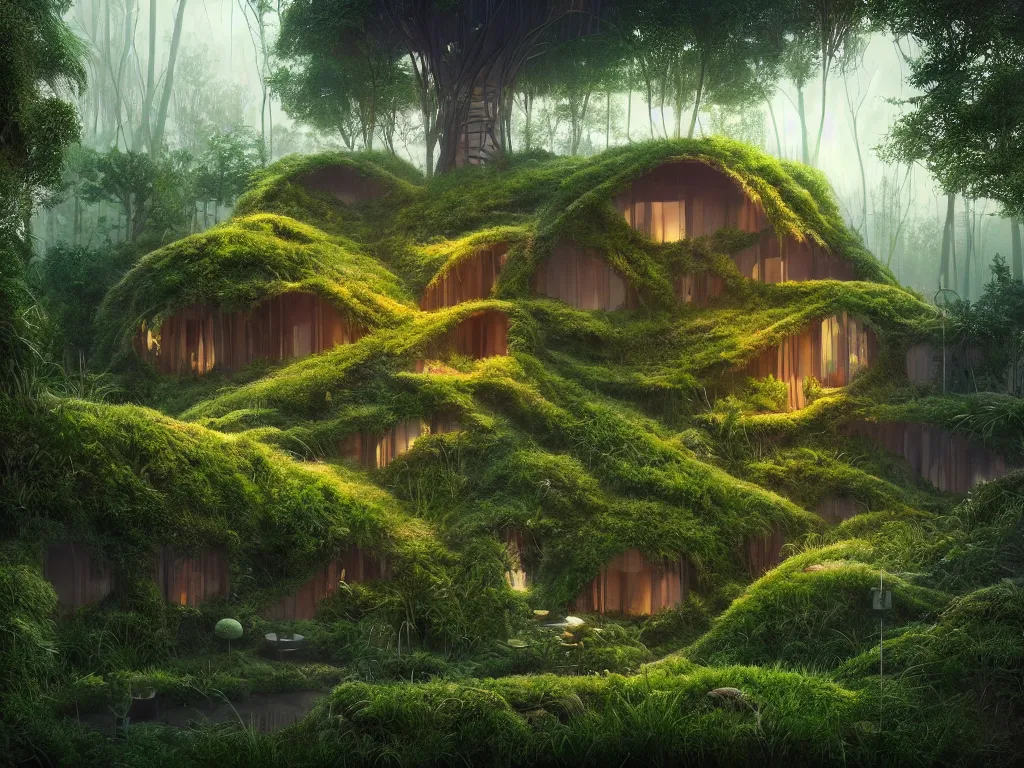 Prompt: beautiful organic house made from imaginary plants in a forest, architectural render, futuresynth, chillwave, vegetal architecture, blender, by moebius, sunrise, ((mist)), junglepunk, trending on artstation