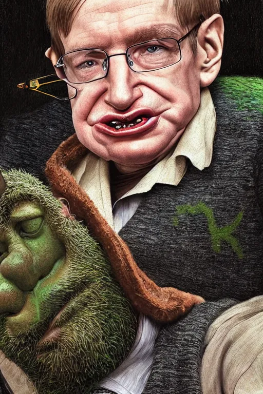 Prompt: photorealistic portrait photograph of stephen hawking as shrek, upper body, handsome, depth of field, soft focus, highly detailed, intricate, realistic, national geographic cover, soft glow, textured, artstation, concept art, sharp focus, illustration, art by artgerm and greg rutkowski and alphonse mucha