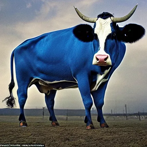 Image similar to the great magical cow, also known as the cosmic cow, has an enormous amount of charisma. a cow of a size of several thousand pounds and a body covered with an amazing array of hair, she has a beautiful blue coloration, she is quite docile and gentle, and her large, almost spherical body is always in motion.