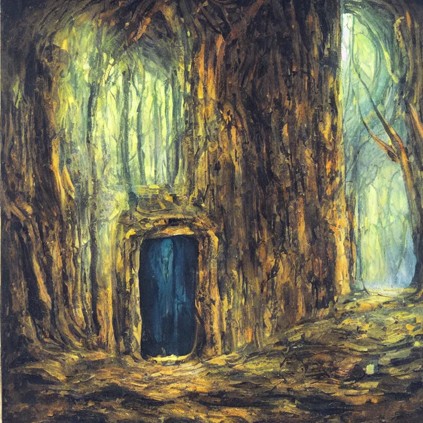 Image similar to the inside of a dark dungeon, looking outwards to a beautiful, colourful forest as a stone door slides down covering half of the entrance, oil painting