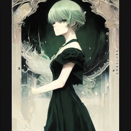 Image similar to victorique de blois anime girl gosick super detailed green eyes green eyes green eyes green eyes black dress black dress black dress black dress blonde hair by greg rutkowski makoto shinkai aramaki shinji artgerm, cushart krenz key art feminine award winning