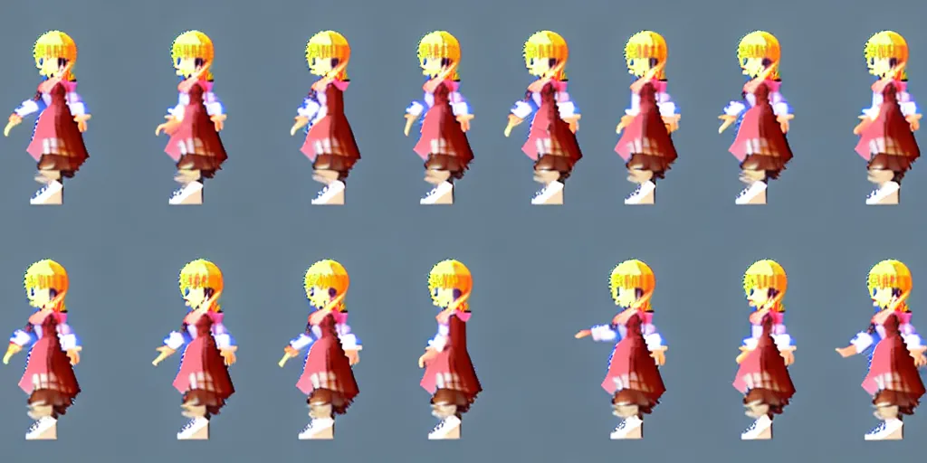 Image similar to 3 d walking cycle sprite sheet of a girl in a peasant clothes, walking to the right, each sprite is a different frame of the animation, in the style of final fantasy games, side view of her taking steps, accurate walk cycle, walk cycle, walk cycle, always wearing the same clothes