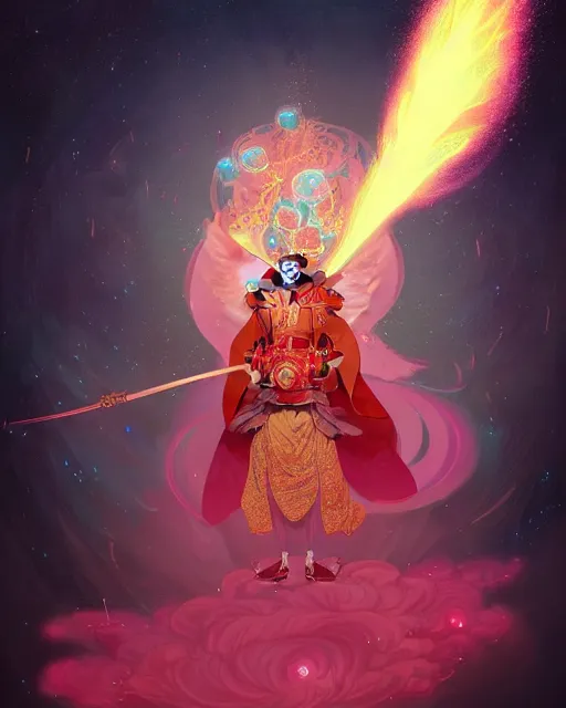 Image similar to a character portrait of only one male angel samurai with golden fiery wings, surrounded with spiriling sparkling rose crystals and galaxies, by peter mohrbacher, hyper light drifter, ukiyo - e trending on artstation