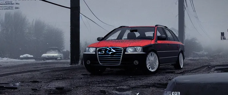 Image similar to Audi A4 B6 Avant (2002), a gritty neo-noir, dramatic lighting, cinematic, eerie person, death, homicide, homicide in the snow, viscera splattered, gunshots, bullet holes, establishing shot, extremely high detail, photorealistic, cinematic lighting, artstation, by simon stalenhag, Max Payne (PC) (2001) winter New York at night, In the style of Max Payne 1 graphic novel, flashing lights, Poets of the Fall - Late Goodbye