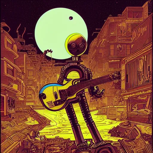 Image similar to illustration of a robot playing guitar in a ruined burning street by kilian eng, katsuhiro otomo and jean giraud moebius, biomechanical, nightime, blood moon