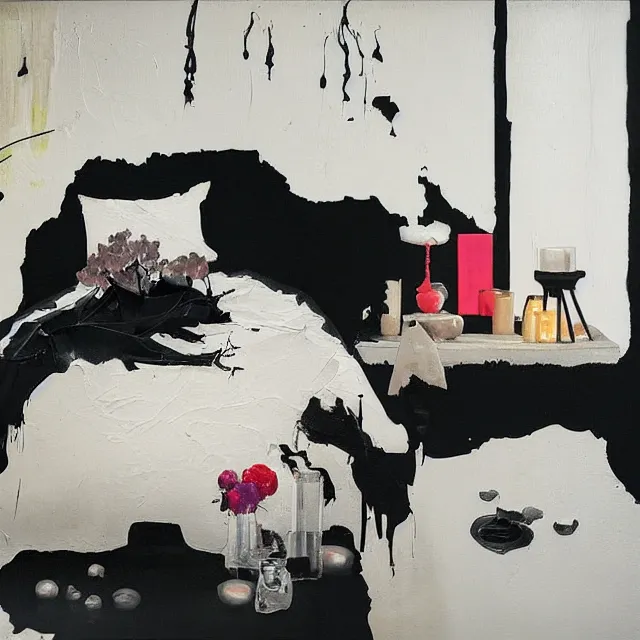 Image similar to bedroom with black walls and a futon, sensual portrait of a woman sleeping, cracked handmade pottery vase, torn paper smouldering smoke, candles, white flowers on the floor, puddle of water, octopus, squashed berries, surrealism, acrylic and spray paint and oilstick on canvas