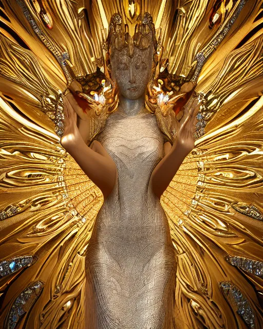 Prompt: a highly detailed metahuman 4 k close up render of an alien goddess bella hadid monument guardian angel in iris van herpen dress schiaparelli in diamonds crystals swarovski and jewelry iridescent in style of alphonse mucha gustav klimt trending on artstation made in unreal engine 4