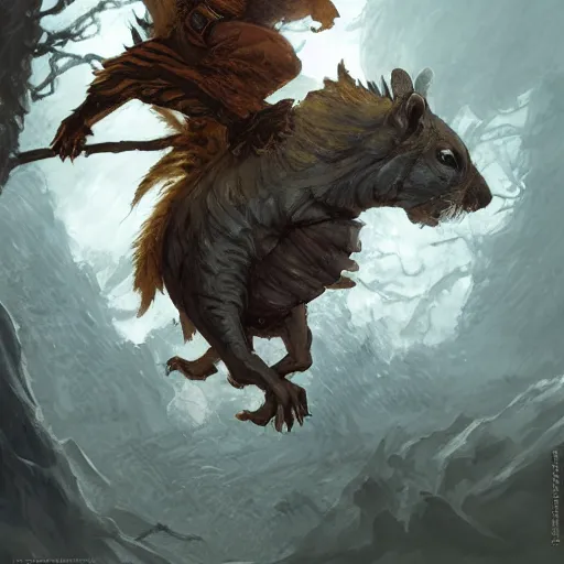 Image similar to Squirrel knight riding tiger, magic the gathering artwork, horror, D&D, fantasy, cinematic lighting, centered, symmetrical, highly detailed, digital painting, artstation, concept art, smooth, sharp focus, illustration, volumetric lighting, epic Composition, 8k, art by Akihiko Yoshida and Greg Rutkowski and Craig Mullins, oil painting, cgsociety