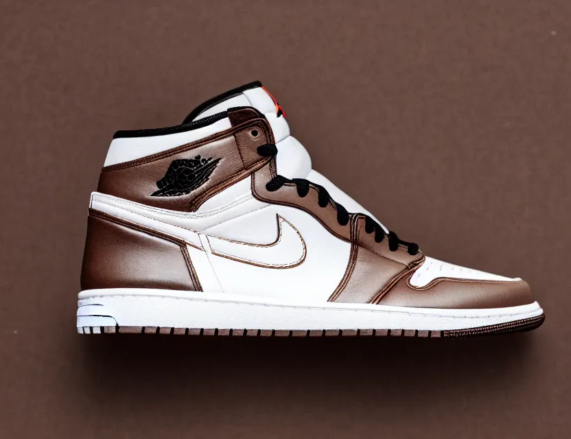 Prompt: a press photograph of nike jordan 1 mocha, size 1 0, white background