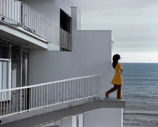 Prompt: a still of a young woman standing on a huge concrete white balcony, high above the ground, of a minimalist brutalist beach house, outside view, angle, clear sky and background, in the music video Wrapped Around your Finger (1983)