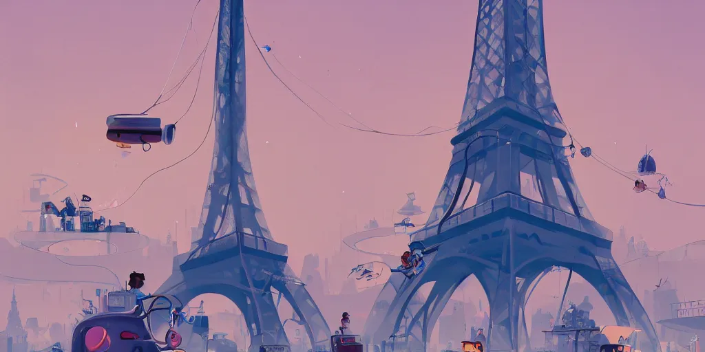 Image similar to Cartoon characters at the Eiffel Tower by Goro Fujita and Simon Stalenhag , 8k, trending on artstation, hyper detailed, cinematic