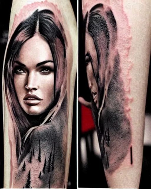 Prompt: creative double exposure effect tattoo design sketch of megan fox with beautiful mountain scenery, realism tattoo, in the style of matteo pasqualin, amazing detail, sharp