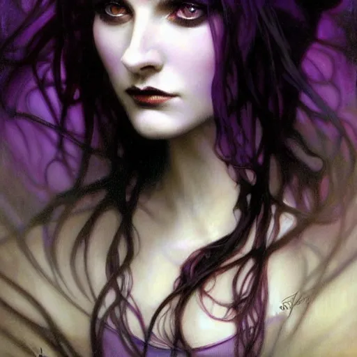 Prompt: dark goth queen with purple eyes, by jeremy mann and alphonse mucha, fantasy art, photo realistic, dynamic lighting, artstation, poster, volumetric lighting, very detailed faces, purple eyes, 4 k, award winning dark, goth, queen, dark fantasy, black, dark purple, hyperrealistic portrait, art of elysium, full figure, very detailed face,