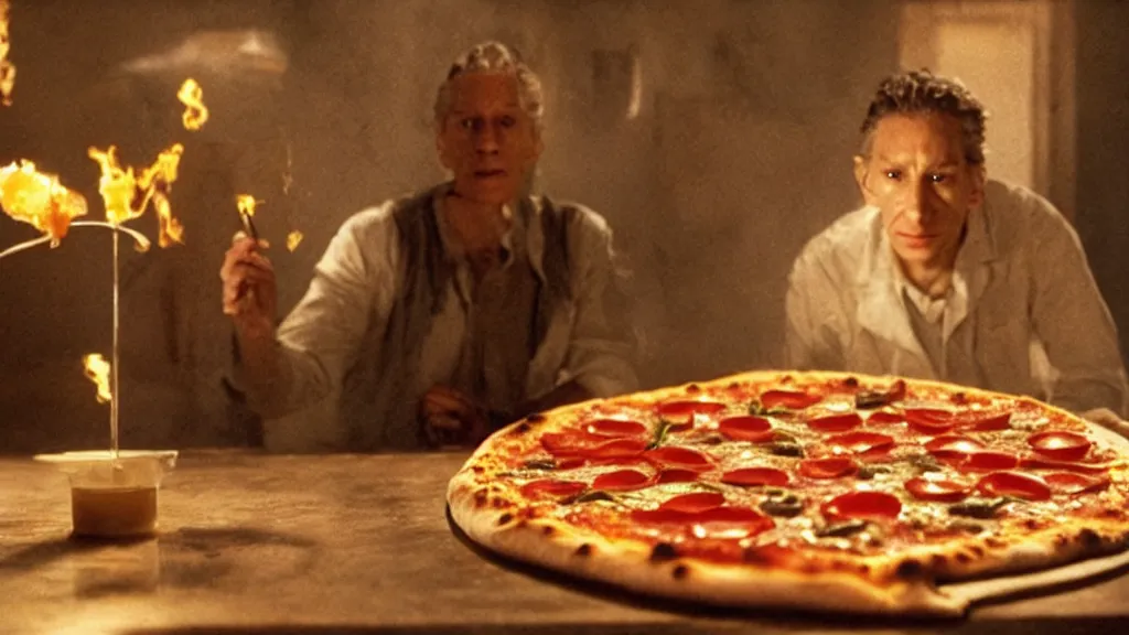 Image similar to glowing oil, on a pizza, film still from the movie directed by denis villeneuve and david cronenberg with art direction by salvador dali and dr. seuss