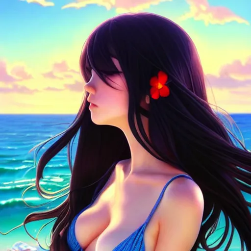 Prompt: a beautiful girl with long dark hair, on a beach, sunny, daytime, sharp focus, intricate, digital painting, artstation, official media, anime key visual, highly detailed, rich vivid colors, ambient lighting, illustration, art by Artgerm, Makoto Shinkai, Ilya Kuvshinov, Lois Van Baarle, and Rossdraws