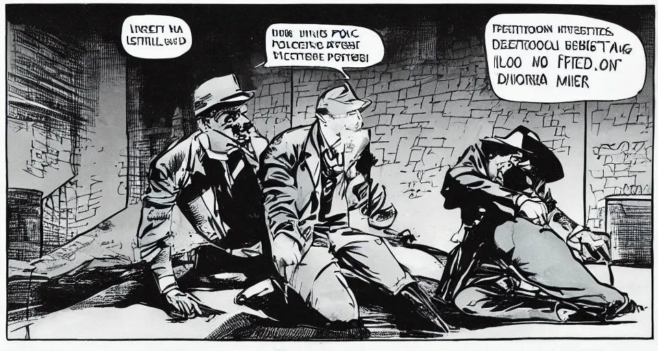 Image similar to a detective interrogating a suspect on the roof of the police station, by frank miller