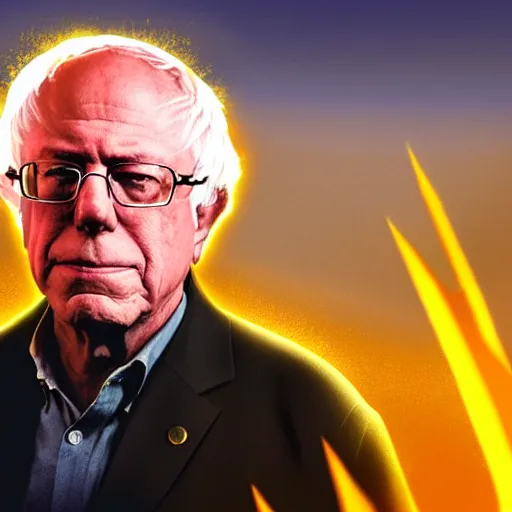 Prompt: portrait of Bernie Sanders with glowing golden aura flying over a desert field, super saiyan 3, yellow spiky hair, digital art