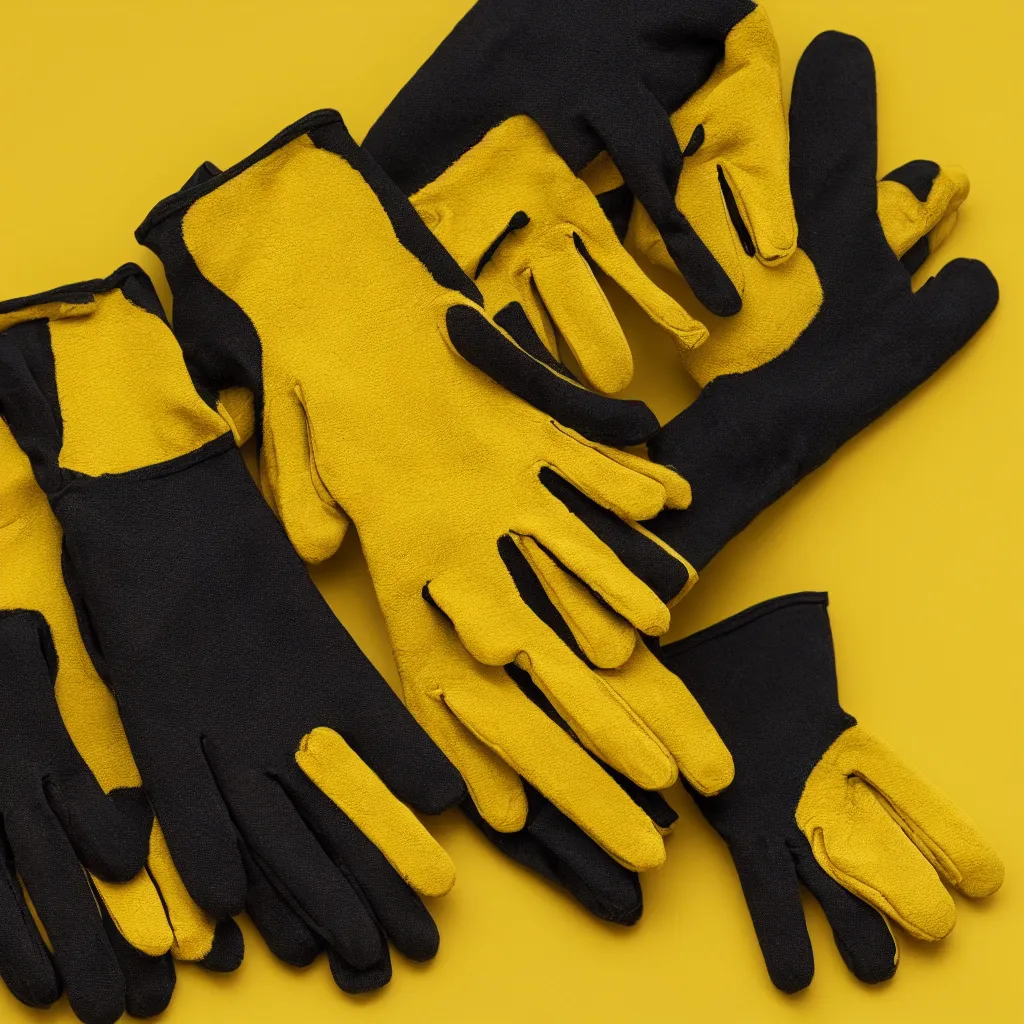 Prompt: close - up view of gloves on yellow background, 8 k, high detail, photorealistic, proper shading