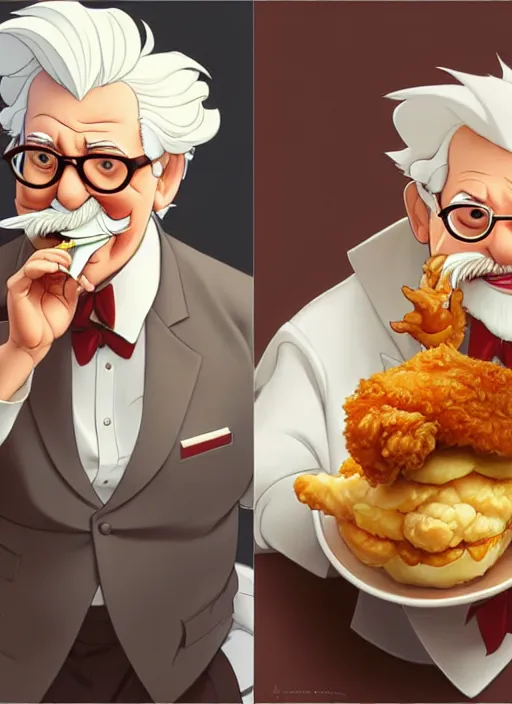 Image similar to cute colonel sanders eating fried chicken, natural lighting, path traced, highly detailed, high quality, digital painting, by don bluth and ross tran and studio ghibli and alphonse mucha, artgerm