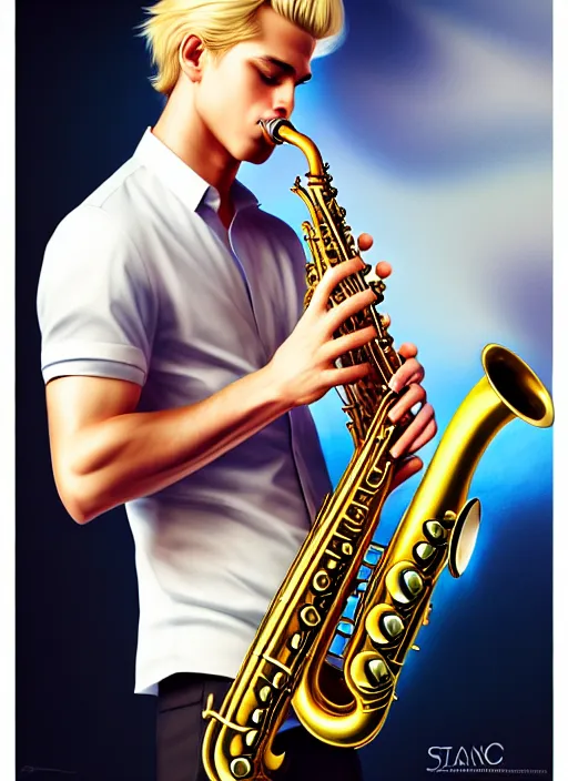 Image similar to photo of a gorgeous young blond man playing sax in the style of stefan kostic, realistic, sharp focus, 8k high definition, insanely detailed, intricate, elegant, art by stanley lau and artgerm