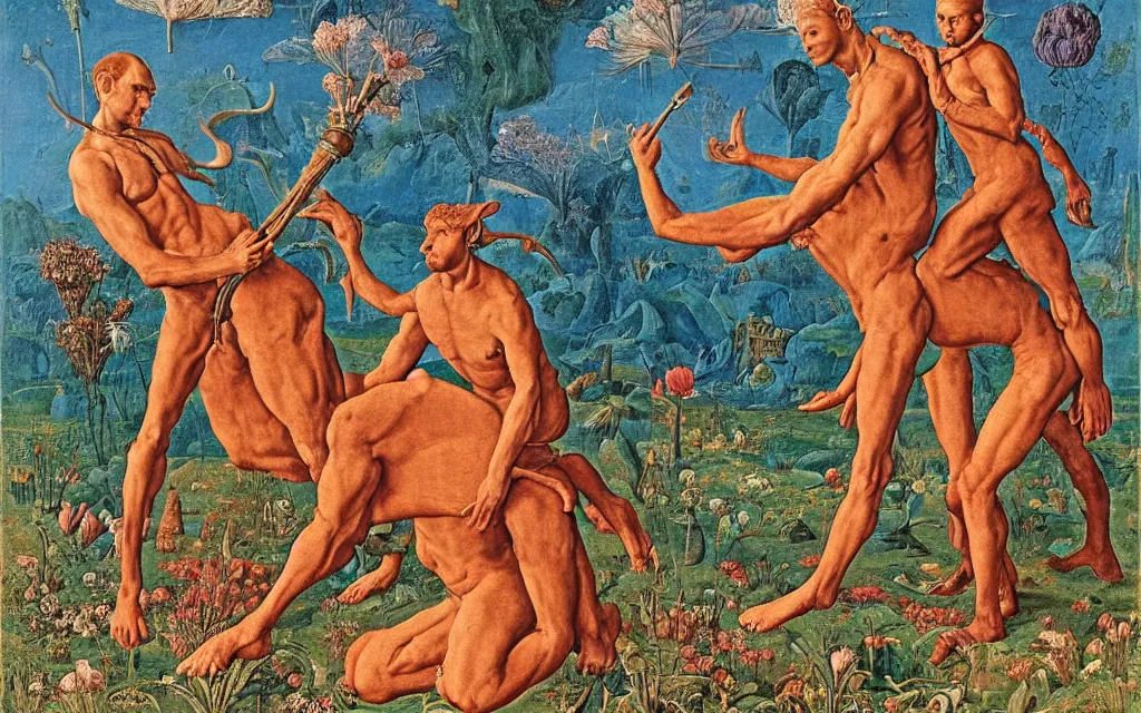 Image similar to a portrait photograph of a meditating satyr and a centaur monk riding a rocket machine and hunting at a river delta. surrounded by bulbous flowers and trees. mountain range under a blue sky of fiery stars. by jan van eyck, max ernst, ernst haeckel, ernst fuchs and artgerm, cgsociety, fashion editorial, 8 k