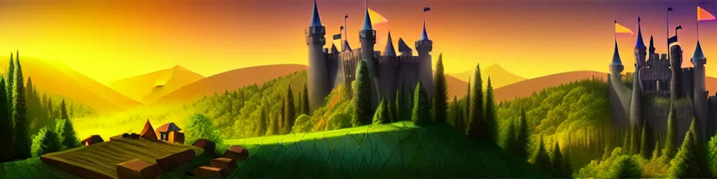 Image similar to a beautiful digital matte painting background of a fantasy castle, summer, sunset, forest, landscape - scenery, flat, low poly