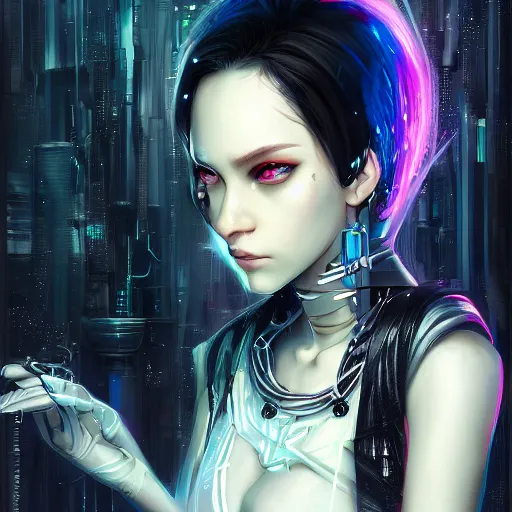 Image similar to teen elf, cyberpunk, black hair, gorgeous, amazing, elegant, intricate, highly detailed, digital painting, artstation, concept art, sharp focus, illustration, art by ross tran