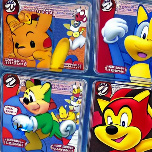 Image similar to photograph of winnie the pooh and super mario and sonic the hedgehog anime style, on pokemon card packs at target