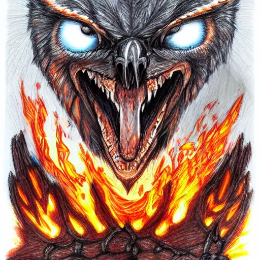 Image similar to A wide shot of griffin in the sky, colorful eyes, glowing eyes, fire, frost, angry, demonic, detailed pencil drawing, fine lines, rustic,