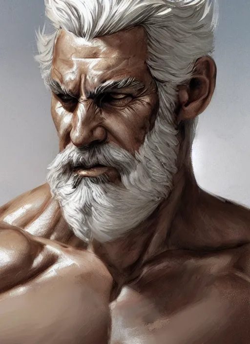 Image similar to painted portrait of rugged zeus, greek god, white hair, masculine, mature, handsome, upper body, muscular, hairy torso, fantasy, intricate, elegant, highly detailed, digital painting, artstation, concept art, smooth, sharp focus, illustration, art by gaston bussiere and craig mullins