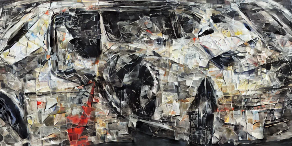 Image similar to car crash test, bank robbery, collage paper and tape, acrylic on canvas, hyperrealism mixed with expressionism, high resolution, cinematic, unreal 6 breathtaking detailed, by blake neubert