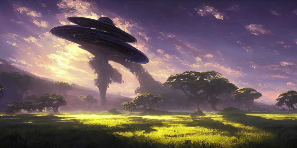 Image similar to an extraordinarily beautiful oil painting of an alien starship in a landscape in spring during sunrise ; lush vegetation ; the most beautiful painting in the world ; by makoto shinkai and craig mullins