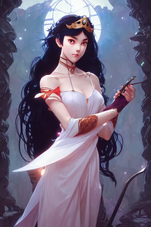 Image similar to rei hino as a princess, fantasy, intricate, elegant, highly detailed, digital painting, artstation, concept art, matte, sharp focus, illustration, art by artgerm and greg rutkowski and alphonse mucha