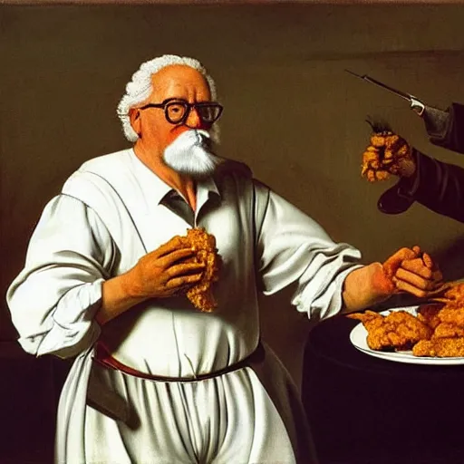 Prompt: Colonel Sanders eating fried chicken. Painted by Caravaggio, high detail