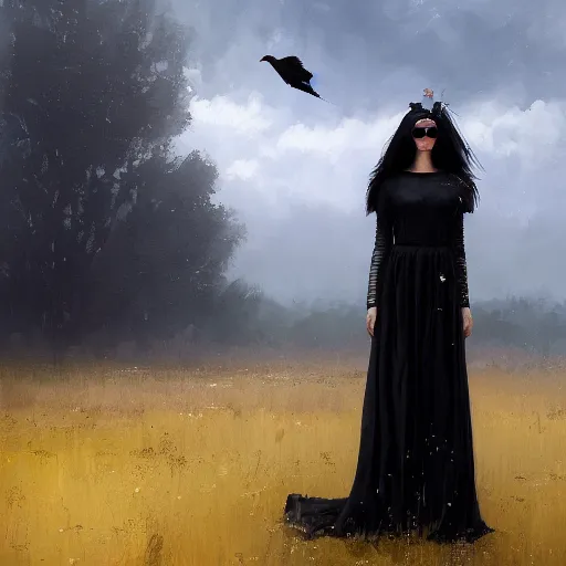 Image similar to morning, a woman in a black dress with a raven head. no face. sun, cinematic, clouds, vogue cover style, contracting colors mood, realistic painting, intricate oil painting, high detail, figurative art, poster art, by simon bisley, ismail inceoglu, wadim kashin, filip hodas. pixar theme.