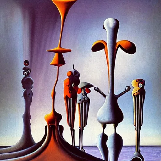 Image similar to Two extremely tall mechanical beings in a deep conversation. Temple of the new gods. Dali. Yves Tanguy.