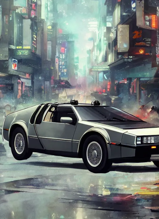 Image similar to 1 9 2 2 delorean in a japanese city, 4 k, greg rutkowski, highly detailed, retrofuturistic, artstation