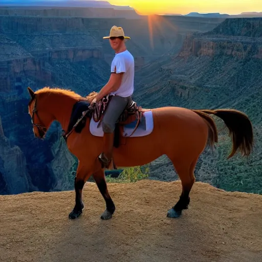 Image similar to horse spirit with lucky on his back riding next to a canyon riding into the sunset