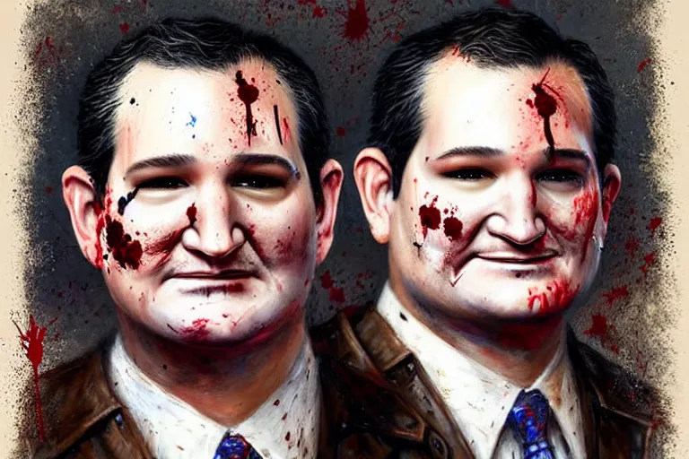 Image similar to portrait of ted cruz wearing burlap bloodsplattered as the zodiac killer at night, an oil painting by ross tran and thomas kincade