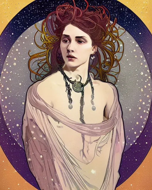 Prompt: a portrait of a galaxy as an androgynous druid spirit wearing five necklaces of moons and stars, draped in transparent cloth, flat colors, occult, minimal, swirly, bust by alphonse mucha, decorative art deco border, astrophotography, vast cosmos, fine illustration, trending on artstation