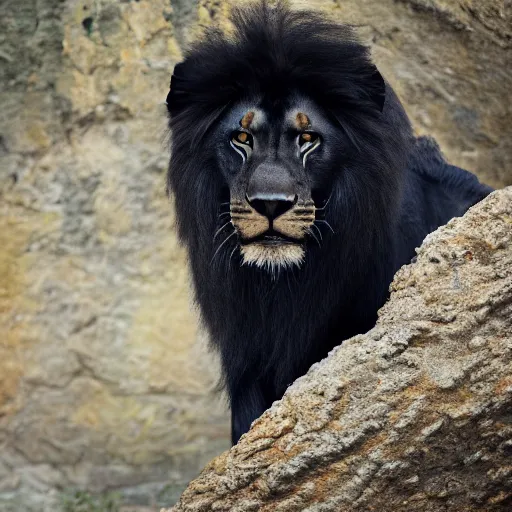 Image similar to professional photograph of a majestic black lion, high quality, highly detailed, award-winning, HD, 8K, awe-inspiring