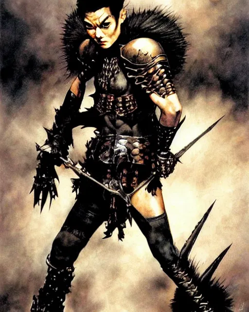 Image similar to portrait of a skinny punk goth john cho wearing armor by simon bisley, john blance, frank frazetta, fantasy, thief warrior