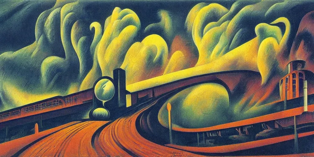 Image similar to oil painting of streamline train speeding. futurism. extreme speed with headlight shining into the fog. thomas hart benton and magritte and umberto boccioni.