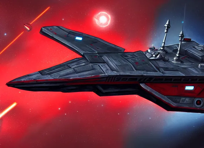 Prompt: digital painting of a republic hammerhead class cruiser with a red! banner! showing a black! warhammer!, space void background, concept art, star wars spaceship, higly detailed