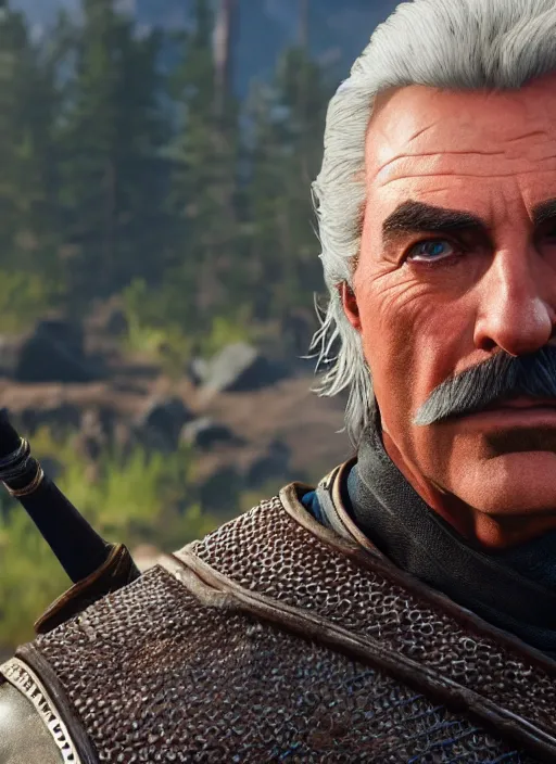 Image similar to film still of tom selleck as geralt of rivia in the witcher 3, gameplay, 8 k, hd