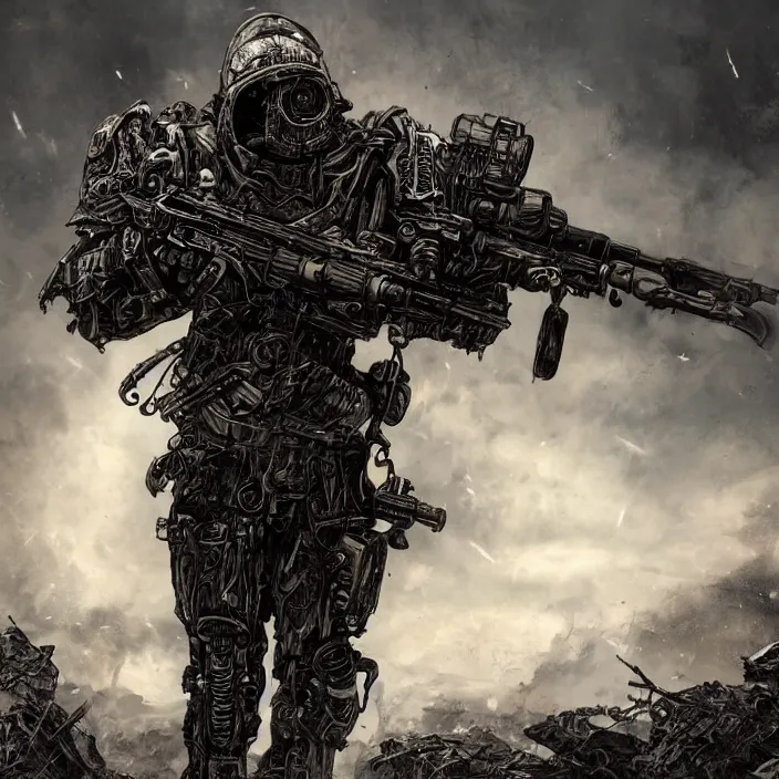 Image similar to gritty hooded apocalyptic cyborg shouldering laser - rifle, destroyed machinery, hyper - detailed, sharp focus, 4 k ultra hd, fantasy dark art, apocalyptic art