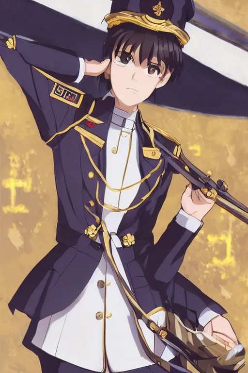 Prompt: key visual concept art, portrait of a stately anime girl wearing formal military dress uniform saluting at a full honors military funeral, somber, rule of thirds golden ratio, fake detail, trending pixiv fanbox, acrylic palette knife, style of shinkai makoto studio ghibli genshin impact